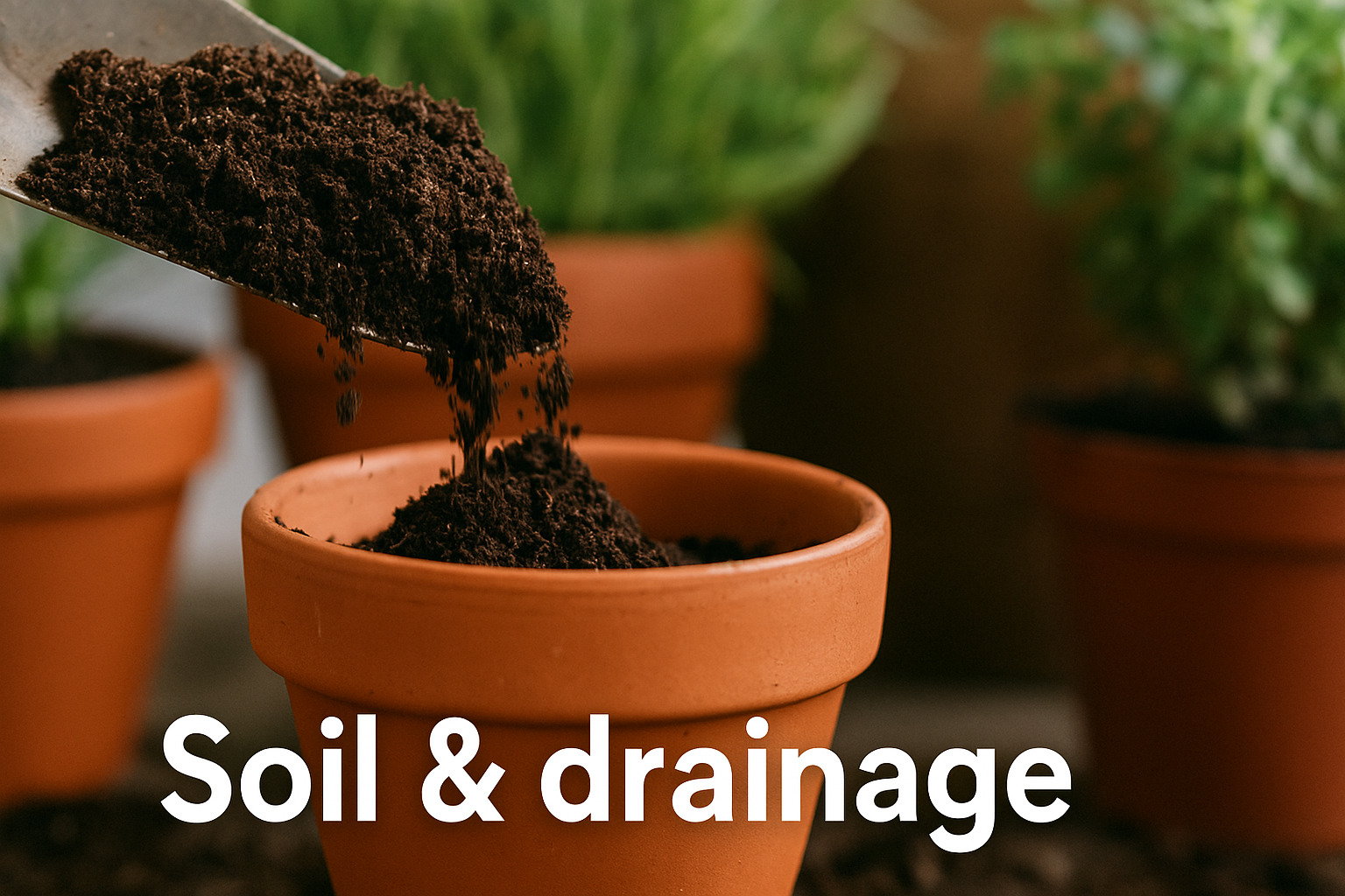 Close-up of nutrient-rich soil being poured into a terracotta pot, illustrating proper soil and drainage techniques for kitchen herb gardening at home